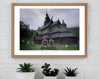 Print staafkerk van Urnes, Noorse middeleeuwse architectuur, Nordic Heritage muurkunst