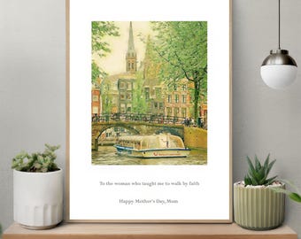 Aquarelprint Amsterdamse grachten | Aangepast christelijk moedercadeau | Reismuurkunst Moederdag | 8 x 10 11 x 14 A4 A3