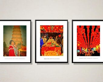 China reisafdrukken, aquarel Aziatisch stadsgezicht drieluik, kunst aan de muur woonkamer