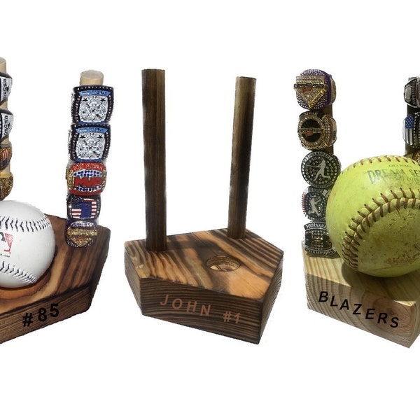 PERSONALIZED - “DOUBLE” - Tournament Ring + Ball Holder -  (holds 10-14 rings + 1 ball)- Baseball / Softball - Home Plate Table Top Display