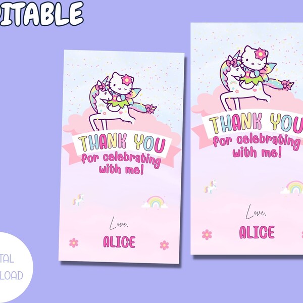 Editable Kitty Character Favor Tag, Kitty Birthday Thank You Card, Kitty Cat Birthday Party Tag, Kawaii Birthday Tag, Girl Kitty Party