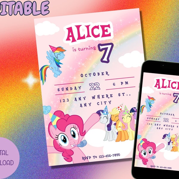 Editable My Little Pony Invitation, Kids Birthday Invitation Template, Girl Birthday Party Invitations, Printable Birthday Invitation