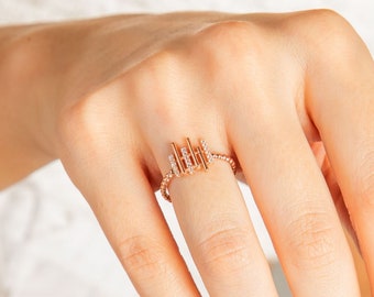 14k Rose Gold Diamond Line Ring - Contemporary Beaded Band for Women - Customizable in Yellow or White Gold - Modern Elegant Jewelry for Her