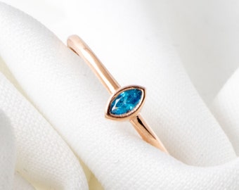 14k Solid Gold Blue Topaz Ring | Marquise Shape Blue Topaz Ring | Birthstone Ring | Dainty Minimal Ring | Yellow Rose White Gold Jewelry Her