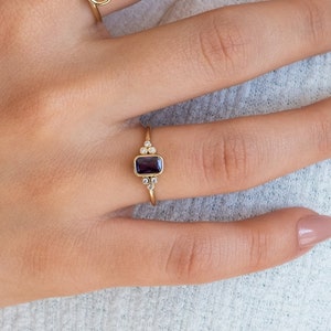 14k Real Solid Gold Amethyst Ring | Purple Amethyst with Diamond Ring | Gold Minimal Ring | Stackable Rings | Dainty Gold Jewelry Gift Her