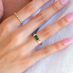 14k Solid Gold Bar Ring Real Gold Emerald Bar Ring Natural Emerald Statement Ring Birthstone Ring Women Gold, Rose Gold, White Gold image 2