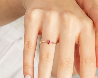 14k Real Solid Gold Ruby Ring | Marquise Shape Ruby Ring | Birthstone Ring | Dainty Minimal Ring | Yellow Rose White Gold Jewelry Her