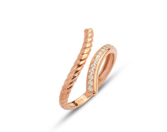 14k Rose Gold Crossover Bypass Diamond Ring - Twisted Eternity Band  - Customizable in Yellow or White Gold - Elegant Spiral Jewelry for Her