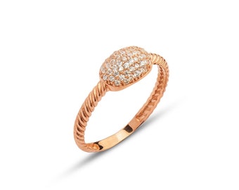 Diamond Pave Oval Dome Shape Ring in 14k Solid Gold for Women - Round Rope Diamond Rose Gold Ring for Ladie's - Anniversary Wedding Ring