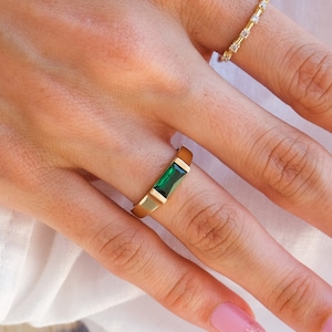 14k Solid Gold Bar Ring Real Gold Emerald Bar Ring Natural Emerald Statement Ring Birthstone Ring Women Gold, Rose Gold, White Gold image 3