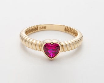 Heart Shaped Ruby Ring in 14k Solid Gold | Natural Ruby Beveled Ring for Ladies | July Birthstone | Birthday Gift Ideas for Her