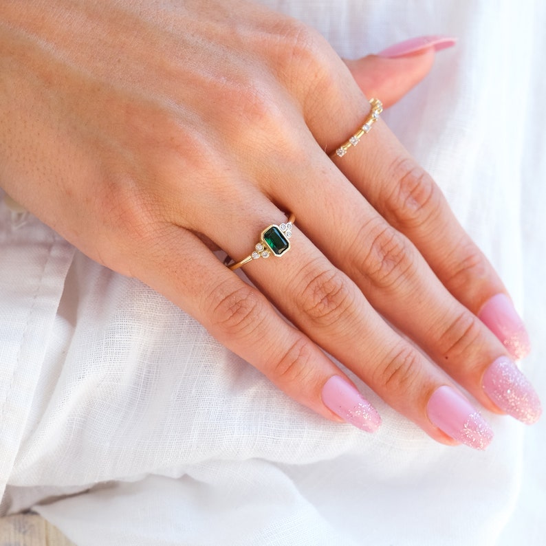 14k Gold Emerald Ring 14k Solid Gold Green Emerald Ring Diamond Ring Minimalist Ring Statement Rings Women's Jewelry Gift For Her image 2