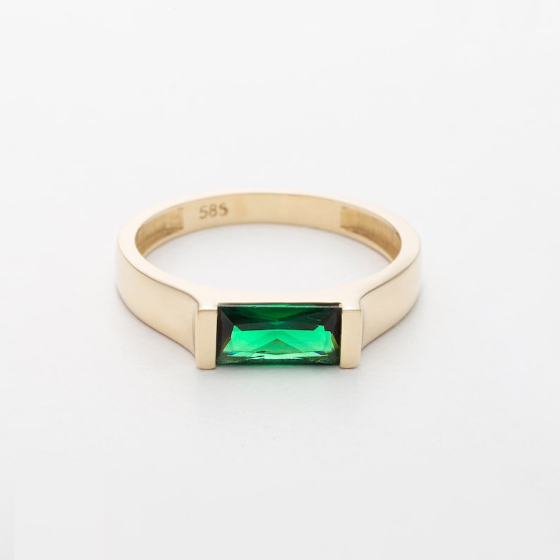 14k Solid Gold Bar Ring Real Gold Emerald Bar Ring Natural Emerald Statement Ring Birthstone Ring Women Gold, Rose Gold, White Gold image 4