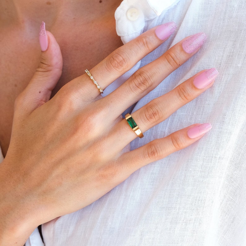 14k Solid Gold Bar Ring Real Gold Emerald Bar Ring Natural Emerald Statement Ring Birthstone Ring Women Gold, Rose Gold, White Gold image 2