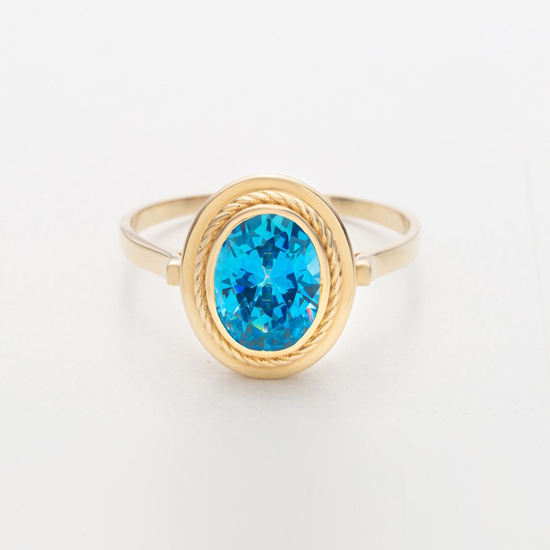 14k Solid Gold Blue Topaz Ring Oval Cut Blue Topaz Birthstone Ring for ...