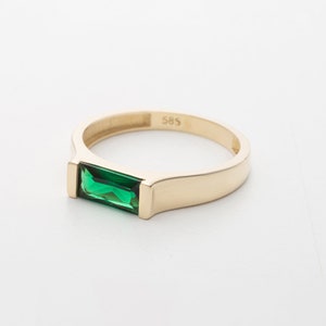 14k Solid Gold Bar Ring Real Gold Emerald Bar Ring Natural Emerald Statement Ring Birthstone Ring Women Gold, Rose Gold, White Gold image 1
