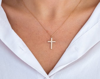 14k Solid Gold Cross Pendant Necklace | Christian Necklace for Women | Diamond Cross Pendant | Protection Pendant | Dainty Christian Jewelry