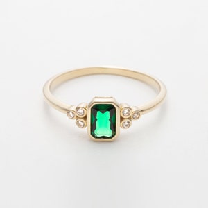 14k Gold Emerald Ring 14k Solid Gold Green Emerald Ring Diamond Ring Minimalist Ring Statement Rings Women's Jewelry Gift For Her image 4