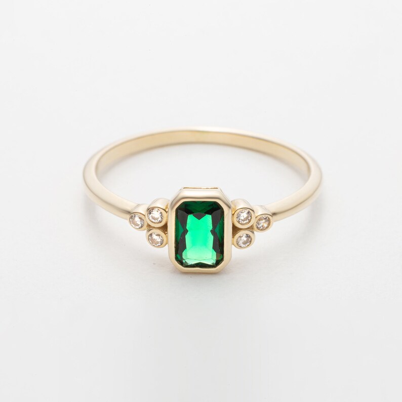 14k Gold Emerald Ring 14k Solid Gold Green Emerald Ring Diamond Ring Minimalist Ring Statement Rings Women's Jewelry Gift For Her image 4
