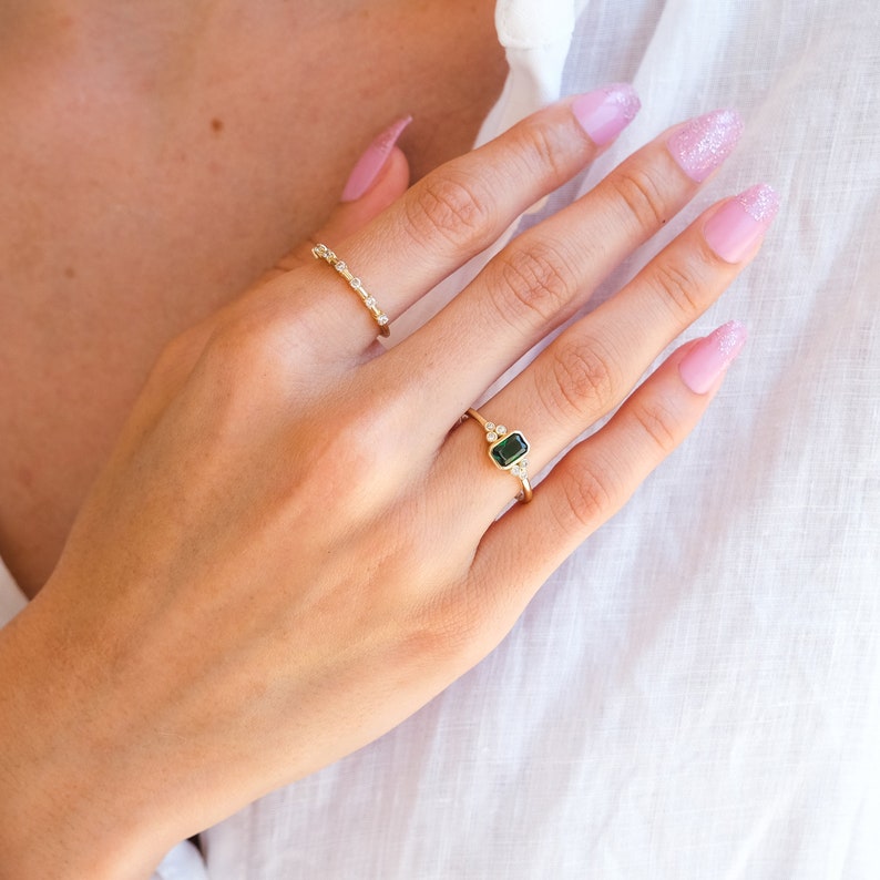 14k Gold Emerald Ring 14k Solid Gold Green Emerald Ring Diamond Ring Minimalist Ring Statement Rings Women's Jewelry Gift For Her image 6