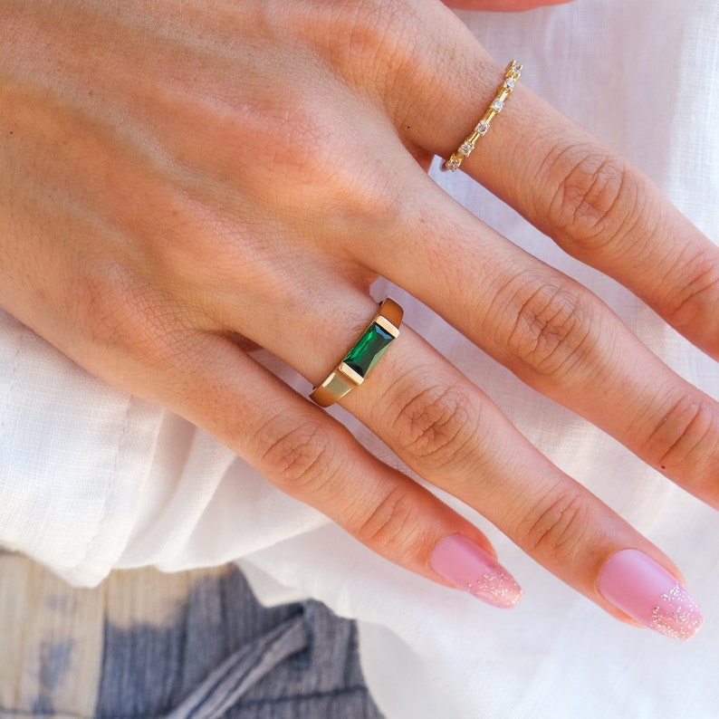 14k Solid Gold Bar Ring Real Gold Emerald Bar Ring Natural Emerald Statement Ring Birthstone Ring Women Gold, Rose Gold, White Gold image 3