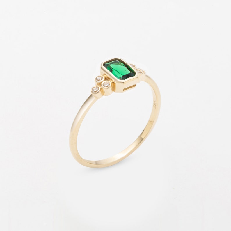 14k Gold Emerald Ring 14k Solid Gold Green Emerald Ring Diamond Ring Minimalist Ring Statement Rings Women's Jewelry Gift For Her image 3