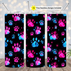 Cute Colorful Dog Paws Seamless Pattern 20 oz Skinny Tumbler Sublimation Design, Straight And Tapered Wrap Instant Digital Download PNG File