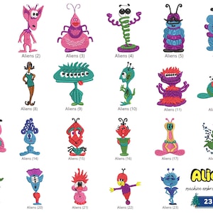 May include: A collection of 23 machine embroidery designs featuring various colorful alien characters. Each design is numbered and includes a unique alien with distinct features, such as antennae, multiple eyes, and different body shapes. The word "Aliens" is displayed in a yellow font.