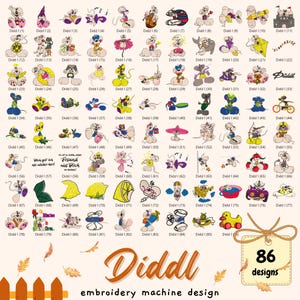 Könnte beinhalten: Eine Sammlung von 86 Stickmaschinendesigns mit der Figur Diddl, einer Cartoon-Maus. Die Designs zeigen Diddl in verschiedenen Posen und Umgebungen, mit leuchtenden Farben und detaillierten Stichen. Die Designs sind mit Nummern versehen.