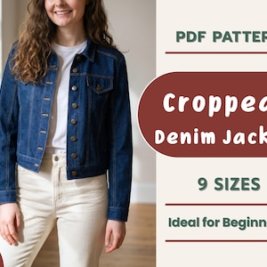 May include: A cropped denim jacket in a dark blue wash with brass-colored buttons. The jacket is worn over a white t-shirt and paired with cream-colored pants. The image includes text that says "Cropped Denim Jacket" and "9 Sizes".