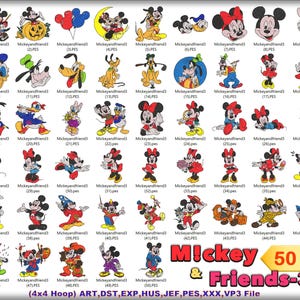 Peut inclure: Une collection de 50 motifs de broderie représentant Mickey Mouse et ses amis. Les motifs incluent diverses poses et scènes de Mickey, Minnie, Donald Duck, Dingo et Pluto. Le texte "Mickey & Friends-3" et "50 Designs" sont également présents.