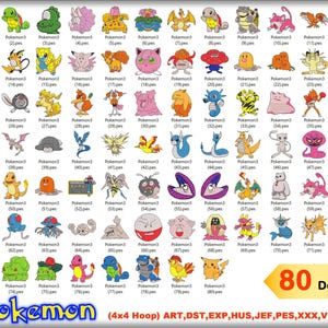 Peut inclure: Un fichier numérique présentant 80 motifs Pokémon uniques, chacun numéroté et étiqueté avec "Pokemon3" et une extension de fichier. Les motifs sont colorés et variés, représentant différents personnages Pokémon. Le texte "80 Designs" est également présent.
