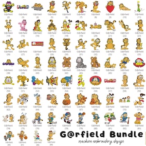 May include: A collection of 89 machine embroidery designs featuring Garfield in various poses and activities. The designs include Garfield with different expressions, props, and in sports. The text "G@rfield Bundle" and "89 Designs" are also included.