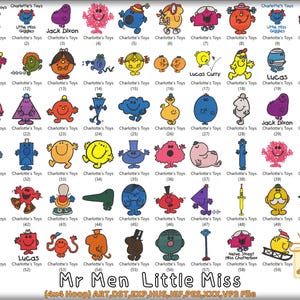 May include: A sheet of 59 embroidered designs featuring Mr. Men and Little Miss characters. Each design is a colourful cartoon illustration of a different character, including Little Miss Giggles and Mr. Bump, with the text "Charlotte's Toys".