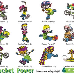 Op de afbeelding: Een verzameling machineborduurontwerpen met personages uit "Rocket Power" die verschillende actiesporten beoefenen. Ontwerpen tonen personages op fietsen, skateboards, rolschaatsen en snowboards. De tekst "Rocket Power" en "12 Designs" zijn ook opgenomen.