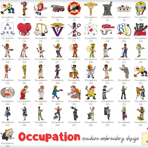 Peut inclure: Une planche de broderie machine avec 68 motifs sur le thème des professions. Les images représentent divers métiers, tels qu'un pompier, un médecin et un artiste, chacun avec le mot "Occupations" et un numéro. Le mot "Occupation" est écrit en rouge.