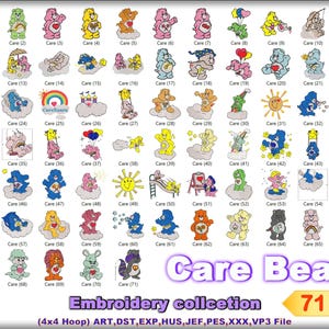 Puede incluir: Una colección de bordado digital con 71 diseños de Ositos Cariñositos. La imagen muestra varios Ositos Cariñositos coloridos con diferentes poses y accesorios, junto con el texto "Care Bear" y "Embroidery Collection".