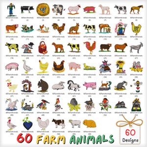 Op de afbeelding: Een verzameling van 60 geborduurde boerderijdierontwerpen, waaronder koeien, varkens en kippen. Elk ontwerp is genummerd en wordt weergegeven op een witte achtergrond. De tekst "60 Farm Animals" staat onderaan.