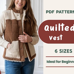 Naaipatroon gewatteerd vest | Beginnerspatroon, 6 maten, vest naaipatroon, vest voor dames, vest met kraag, 6 maten, pdf-patroon