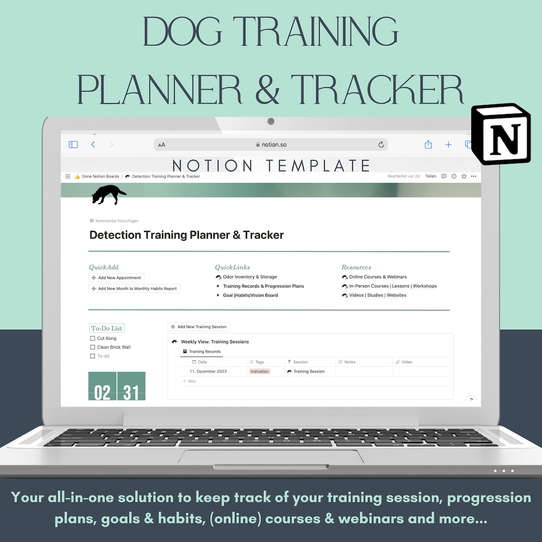 Dog Training Planner & Tracker NOTION Template for Dog Training Dog
