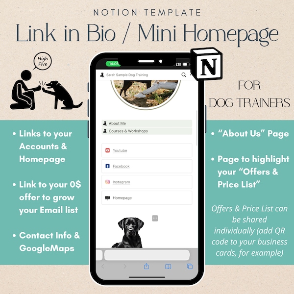 Hundetrainer Homepage für Hundetrainer Link in Bio für Hundetrainer Notion Template Hundetraining Preisliste Template Hundetrainer Angebot Template