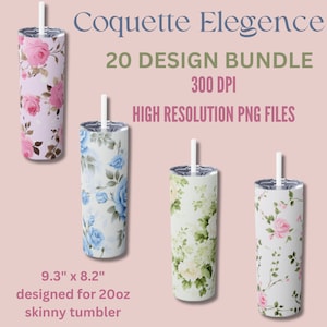 Coquette Style 20oz Tumbler Wrap Digital Design Bundle Sublimation PNG Files Elegant Floral Patterns Instant Download