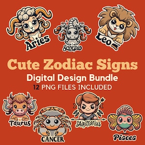 Zodiac Bundle PNG Sublimation Mignon Horoscope Design Cartoon Style Star Sign Design POD Print Téléchargement numérique