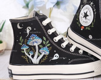 Custom Shoes Embroidered Ghosts and Mushrooms Sneakers/Custom Converse Chuck Taylor Embroidered Mushrooms/Mushrooms Embroidered Sneakers