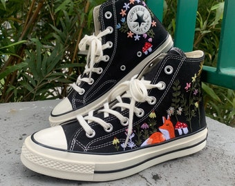 Bordado de animales personalizado Converse - Bordado de zorro personalizado Converse - Converse Custom Chuck Taylor 70 flores bordadas