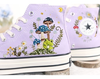 Embroidered Converse Mushroom and Frog, Converse High Tops Chuck Taylor Embroidered Frog & Mushroom, Mushrooms Embroidered Converse Custom