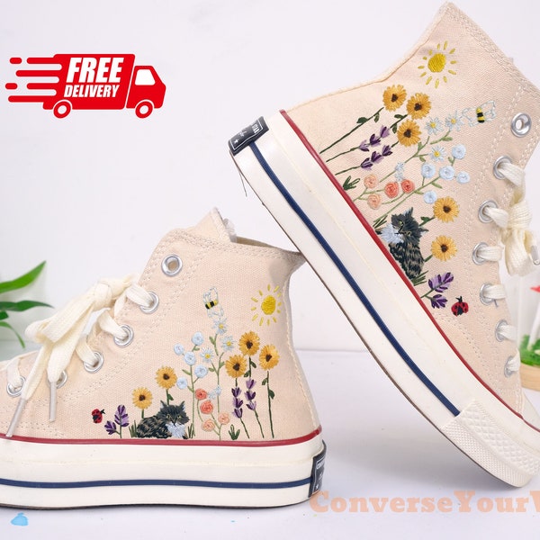 Embroidered Converse/Flower Converse/Custom Converse Pet/Embroidered Converse High Tops Butterfly Cat And Sweet Sunflower Garden