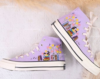 Custom Embroidered Converse Chuck Taylor All Star Shoes/Cat and Flower/1989 Embroidered Sneaker/Flower Embroidery Shoes/Handmade Gifts