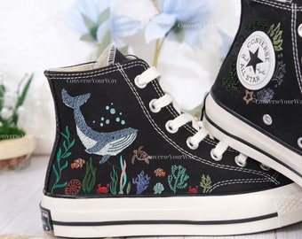 Custom Embroidered Converse High Tops/ Custom Converse Chuck Taylor 1970s Blue Whale Embroidered Shoes/ Ocean Vibes Embroidered