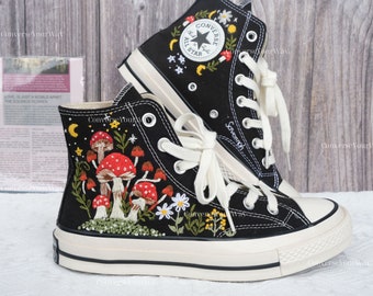 Embroidered Converse Mushroom and Frog/Converse High Tops Chuck Taylor Embroidered Frog & Mushroom/Mushrooms Embroidered Converse Custom